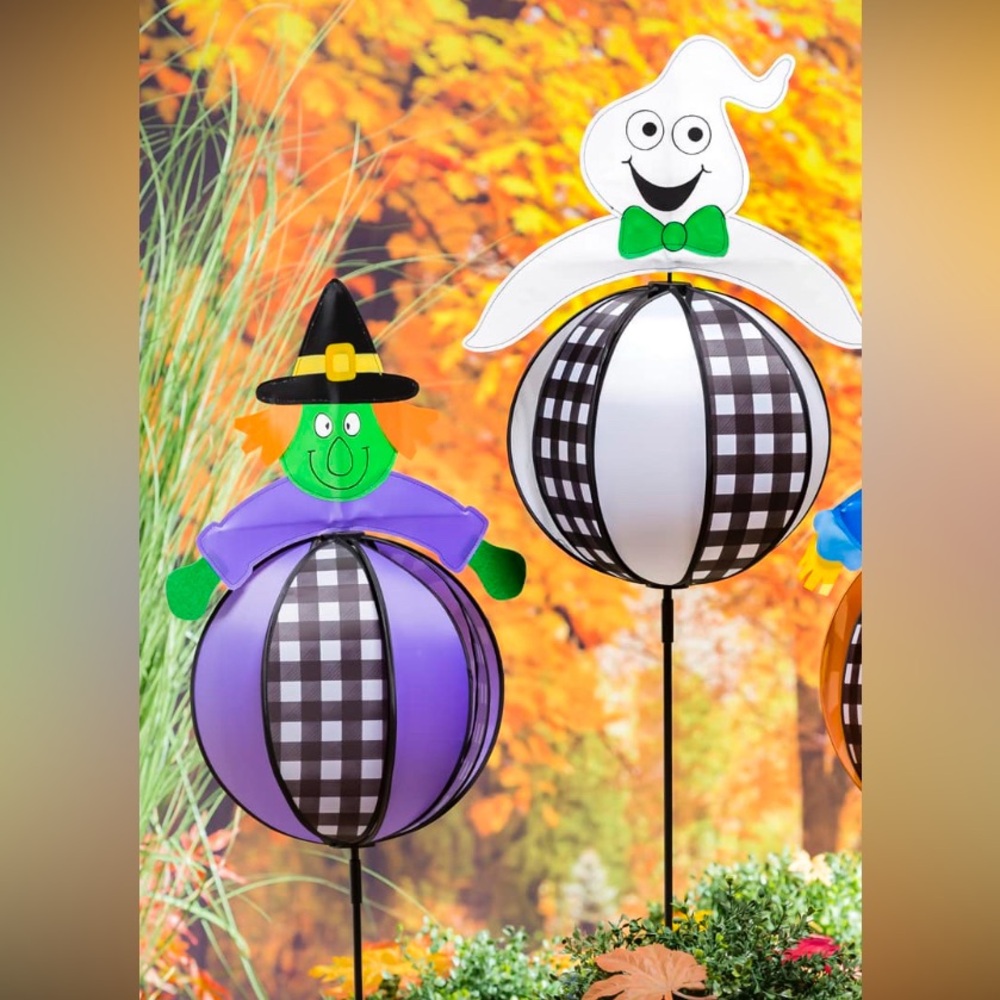 NEW - Halloween ghost and witch pinwheel wind spinner garden stakes
